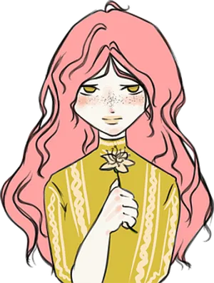 Pink Haired Girl Holding Flower Cartoon