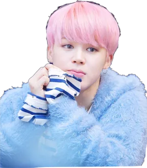 Pink Haired Person Blue Fluffy Coat PNG image