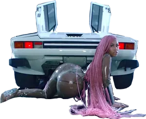 Pink Haired Personand Sports Car PNG image