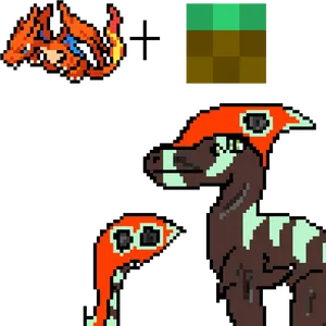 Pixel Art Dinosaurand Minecraft Grass Block PNG image