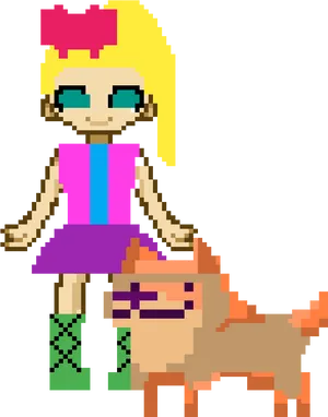 Pixel Art Girlwith Bowand Pet Dog PNG image