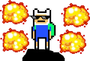 Pixel Art Hero With Explosions PNG image