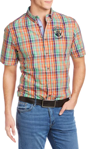 Plaid Short Sleeve Shirt Men PNG