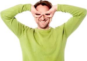 Playful Goggles Gesture Man Green Sweater PNG image