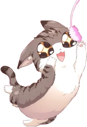 Playful Kawaii Cat Playing With Feather Toy.png PNG image