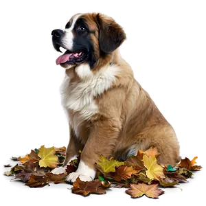 Playful St Bernard In Leaves PNG Yio