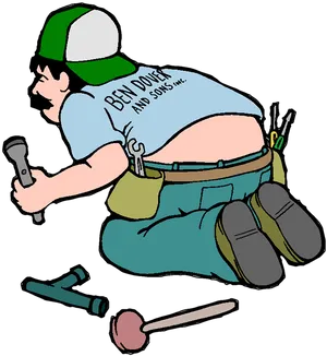 Plumber Cartoon Working On Pipes PNG image