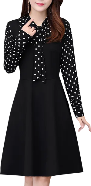 Polka Dot Blouse Black Dress PNG