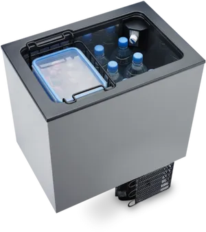 Portable Fridgewith Drinksand Ice Tray PNG image