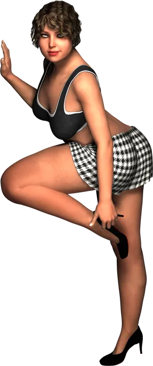 Posing_ Figure_in_ Checkered_ Skirt_and_ Black_ Top PNG