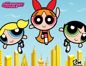 Powerpuff Girls Flying Over City PNG image