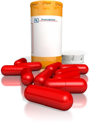 Prescription Medication Bottleand Red Capsules PNG image