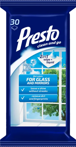 Presto Glass Cleaning Wipes Packaging PNG image