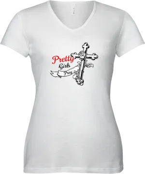 Pretty Girls Pray White T Shirt With Cross Design PNG image