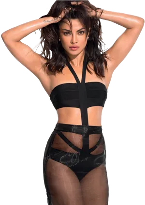 Priyanka Striking Posein Black Outfit PNG image