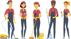 Professional Cleaning Team Cartoon PNG image