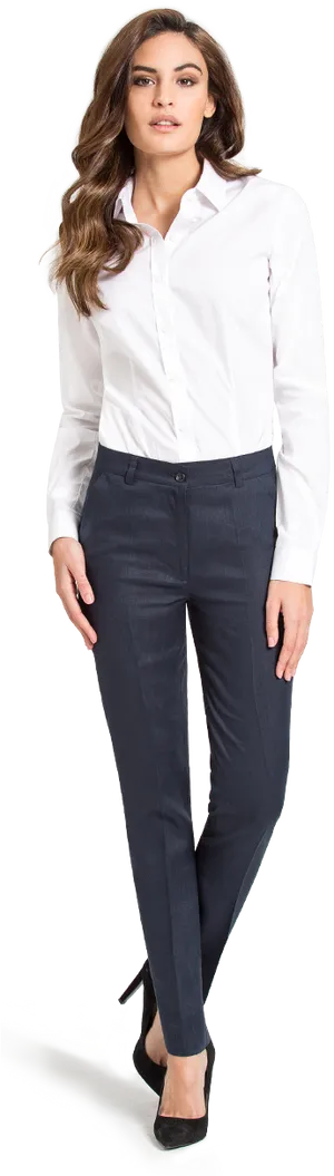 Professional Woman White Shirt Navy Trousers PNG image