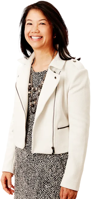 Professional Womanin White Jacketand Printed Dress PNG image