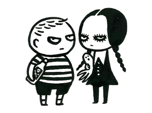 Pugsleyand Wednesday Addams Doodle PNG image