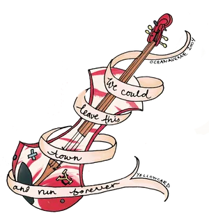 Punk Rock Escape Guitarand Ribbon Illustration PNG image