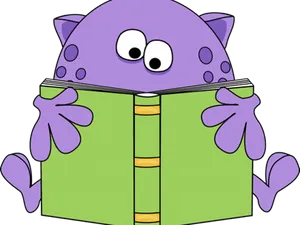 Purple Cartoon Cat Reading Book PNG image