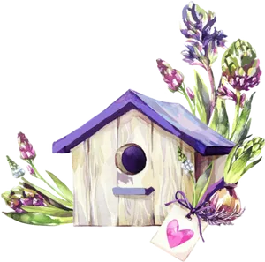 Purple Flowered Birdhouse Illustration PNG image