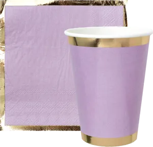 Purple Napkinand Gold Rimmed Cup PNG