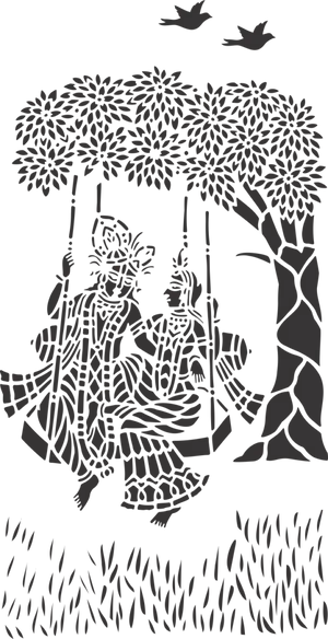 Radha Krishna Swing Under Tree Silhouette PNG image