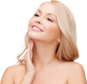 Radiant Skin Blonde Woman Touching Neck PNG image