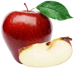 Red Apple With Sliceand Leaf PNG image