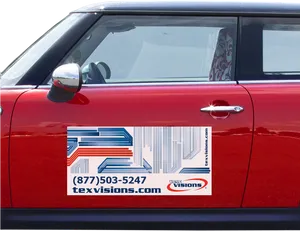 Red Car Side Viewwith Advertisement PNG image