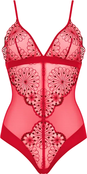 Red Embroidered Mesh Bodysuit Lingerie PNG image