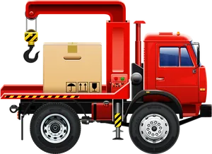 Red Flatbed Tow Truck With Crane PNG image