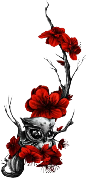 Red Flowersand Owl Tattoo Design PNG image