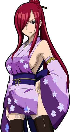 Red Haired Anime Characterin Purple Kimono PNG image