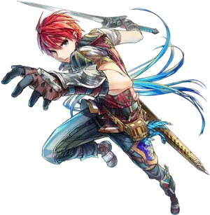 Red Haired Anime Warrior Action Pose PNG image