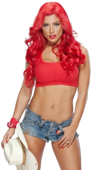 Red Haired_ Woman_in_ Red_ Top_and_ Denim_ Shorts PNG image