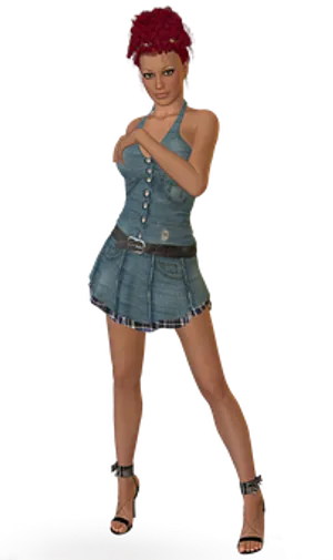 Red Haired3 D Modelin Denim Outfit