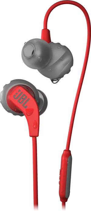 Red J B L Earbudswith Water Droplets PNG image