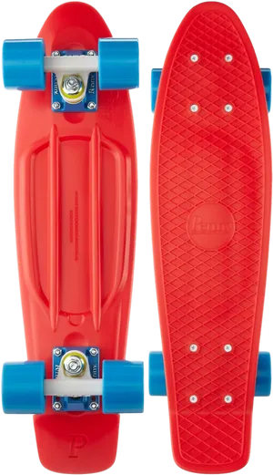 Red Penny Skateboardwith Blue Wheels PNG image