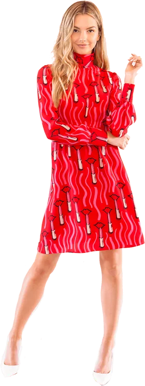 Red Printed Dress Model Posing PNG