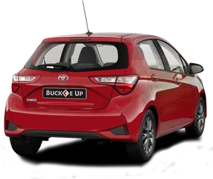 Red Toyota Yaris Rear Viewwith Buckle Up Sticker PNG image