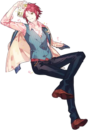 Relaxed Anime Boy With Drink PNG image