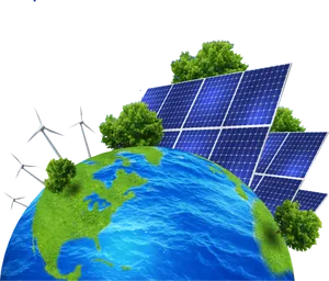 Renewable Energy Concept Earth Solar Panels Wind Turbines PNG image