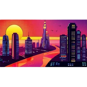 Retro Futuristic Sunset City PNG Hkl49