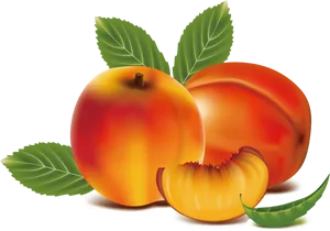 Ripe Peaches With Sliceand Leaves PNG image