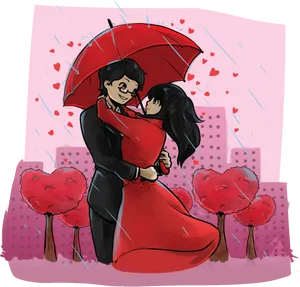 Romantic Umbrella Embrace Cityscape Love PNG image