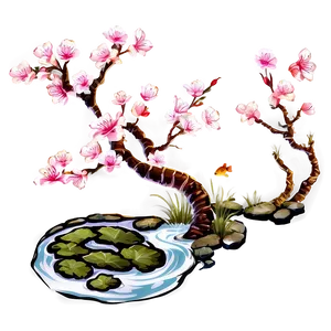 Sakura Tree With Koi Pond PNG 06122024