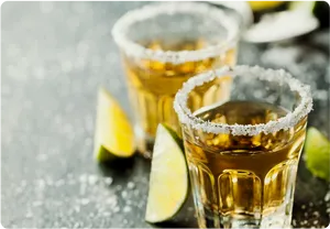 Salt Rimmed Tequila Shots With Lime Wedges PNG image