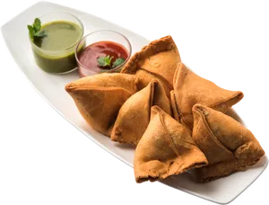 Samosaswith Dipping Sauces PNG image